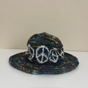 Wool PEACE Hat Nepal Multi-Color Crochet Knit Bucket Hat Peace Signs